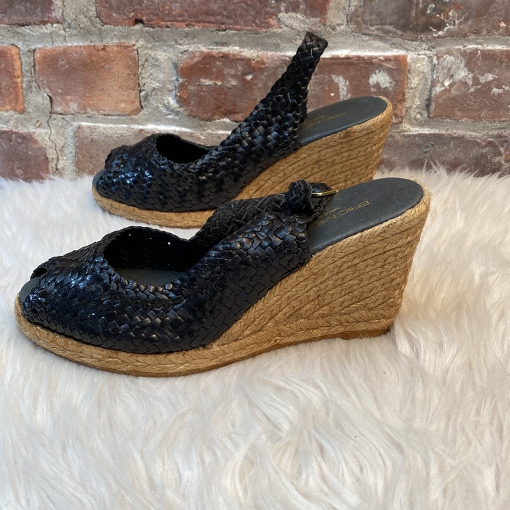 Eric Michael Black Woven Leather Espadrille Wedge Sandals, Size 38